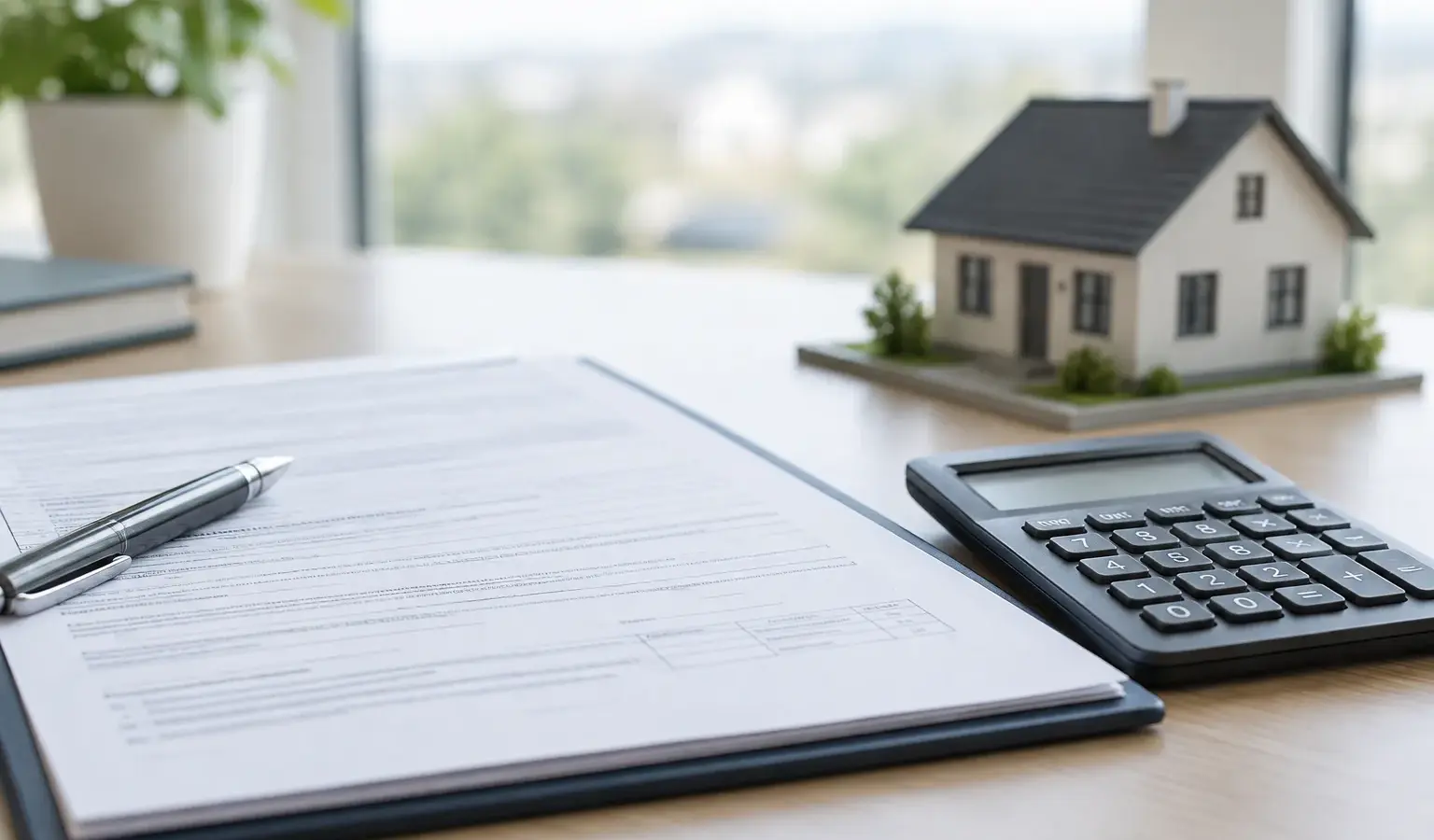 Un calculateur et des documents de financement immobilier posés sur un bureau, avec une maquette de maison en arrière-plan.