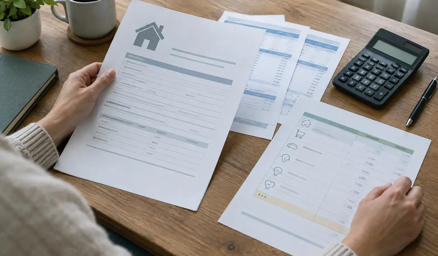 Dossier de crédit immobilier et documents de revenus étudiés sur un bureau.
