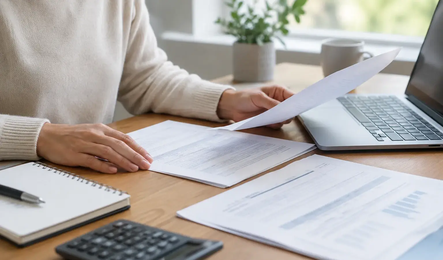 Des documents financiers consultés sur un bureau pour préparer un dossier de crédit immobilier.