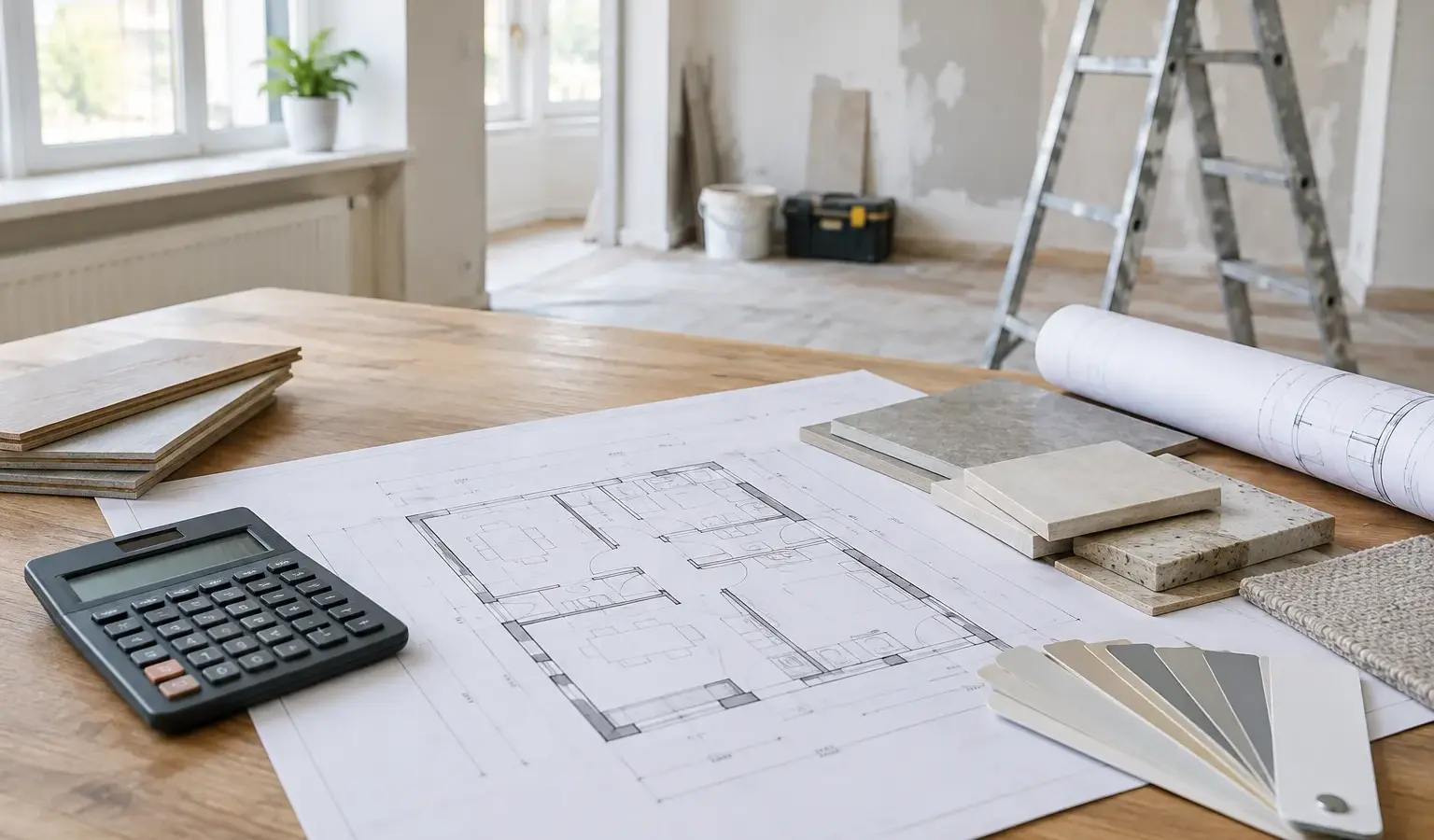 Plans de rénovation et échantillons de matériaux posés sur une table dans un logement en travaux.