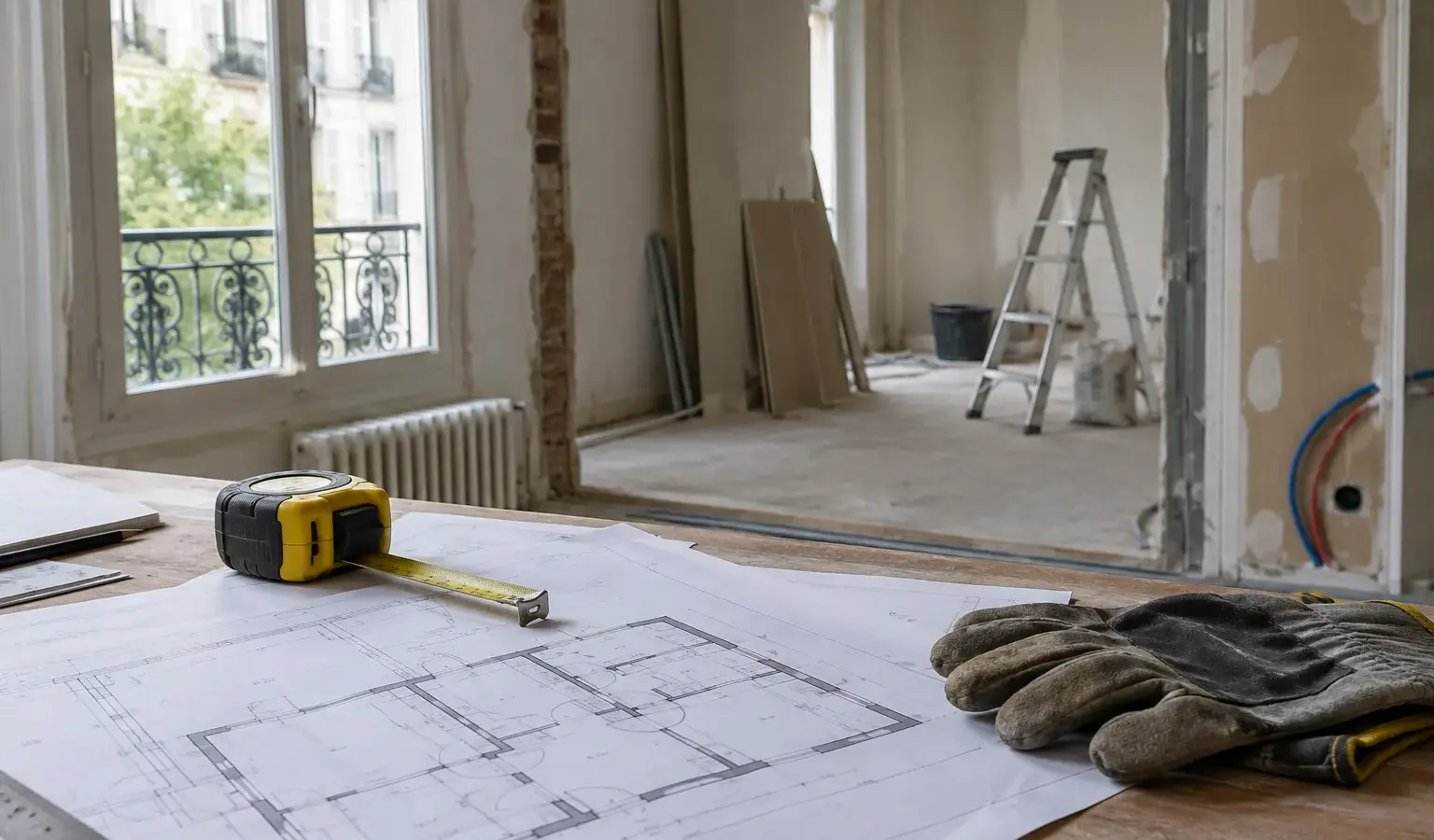 Plans de rénovation et outils posés dans un logement en travaux.