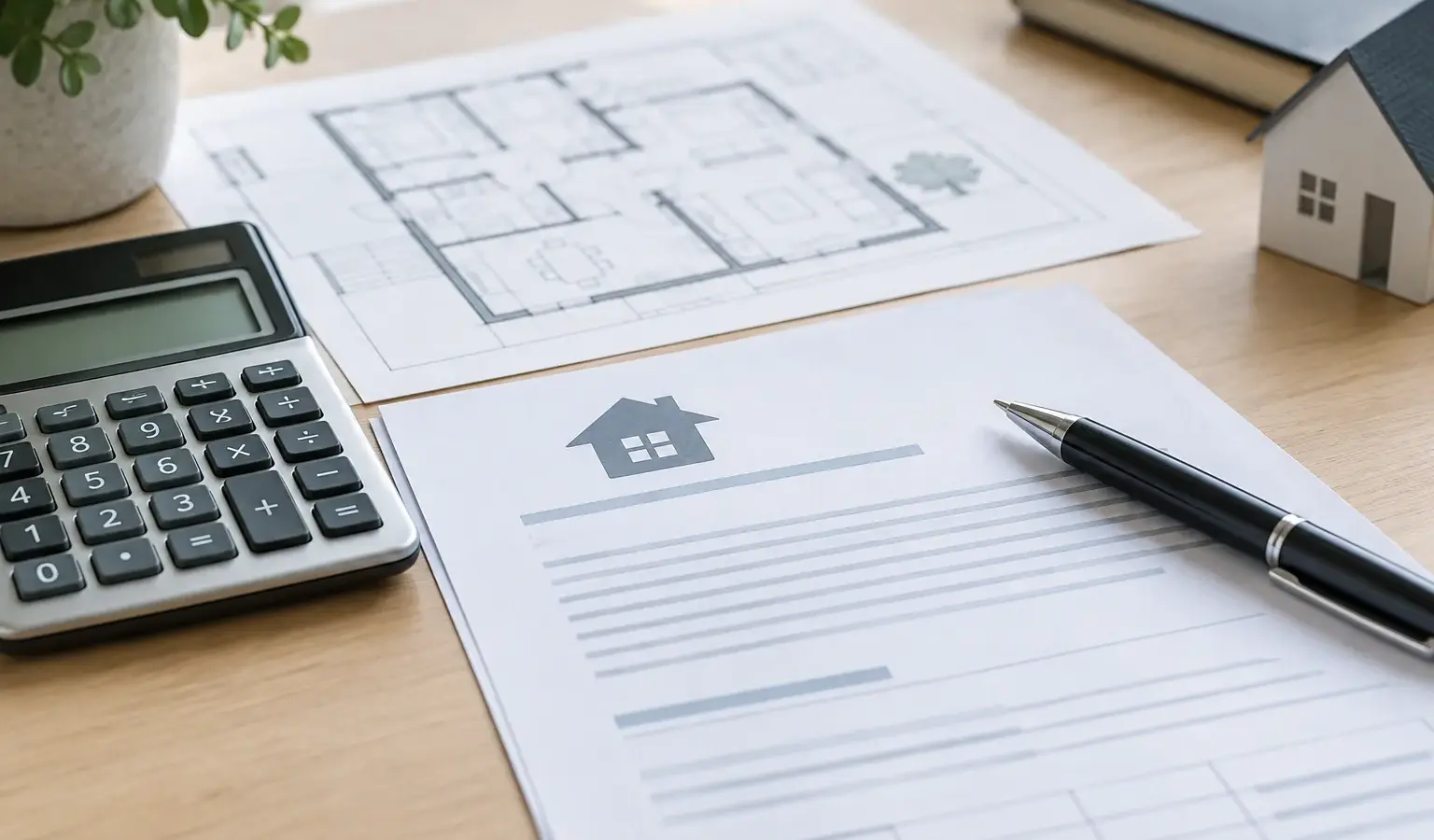 Document de prêt immobilier et calculatrice posés sur un bureau.