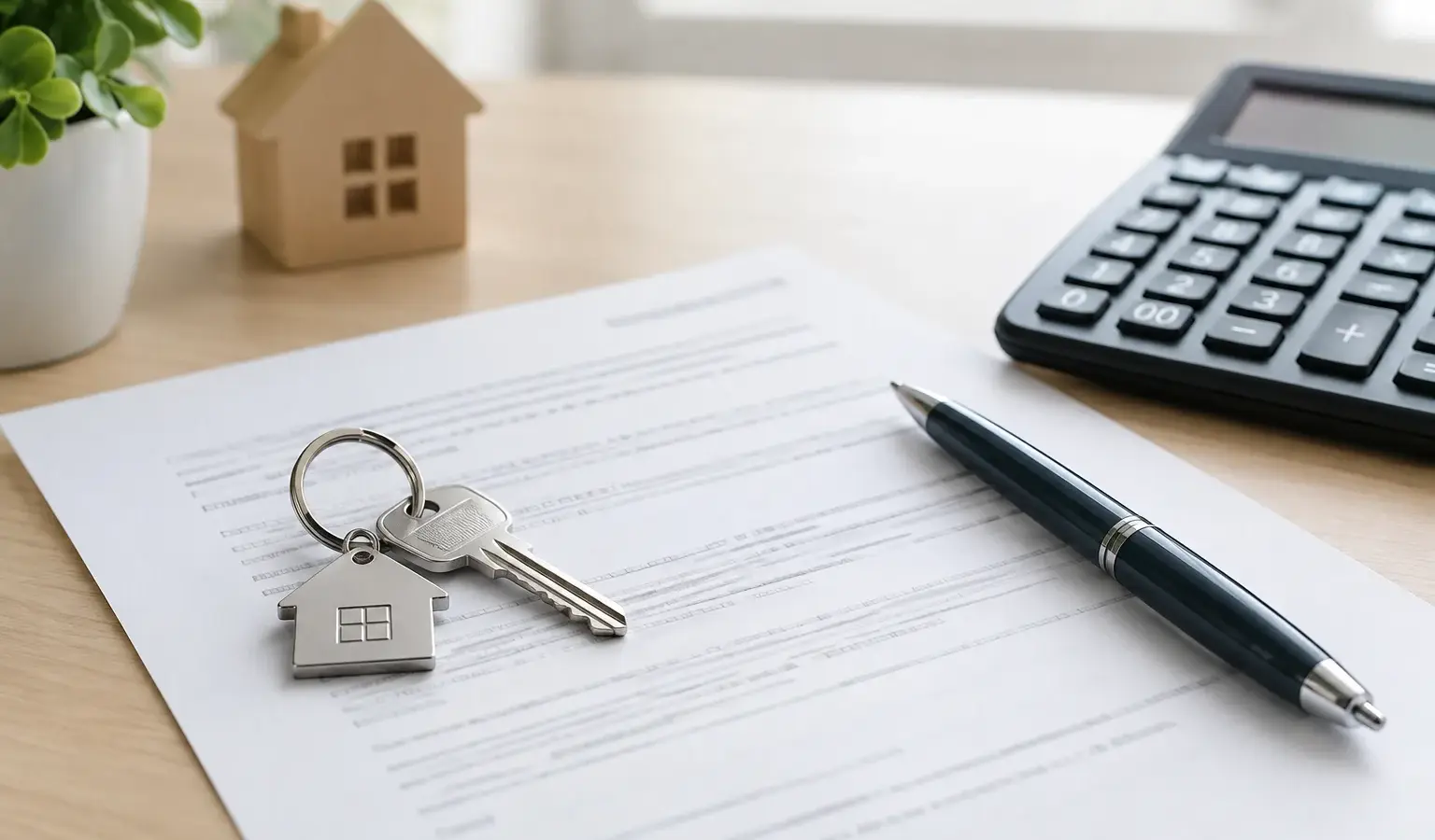 Dossier de crédit immobilier, calculatrice et clés posés sur un bureau.
