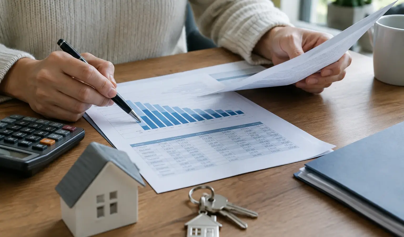 Documents de crédit immobilier, calculatrice et clés posés sur un bureau.