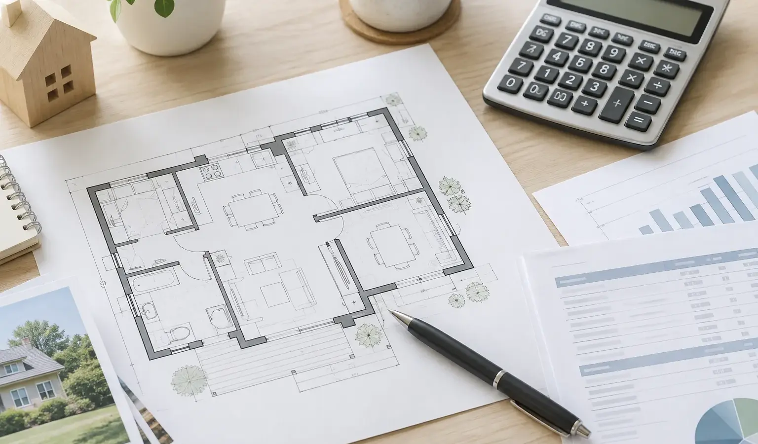 Plan de logement, calculatrice et documents de financement disposés sur un bureau.
