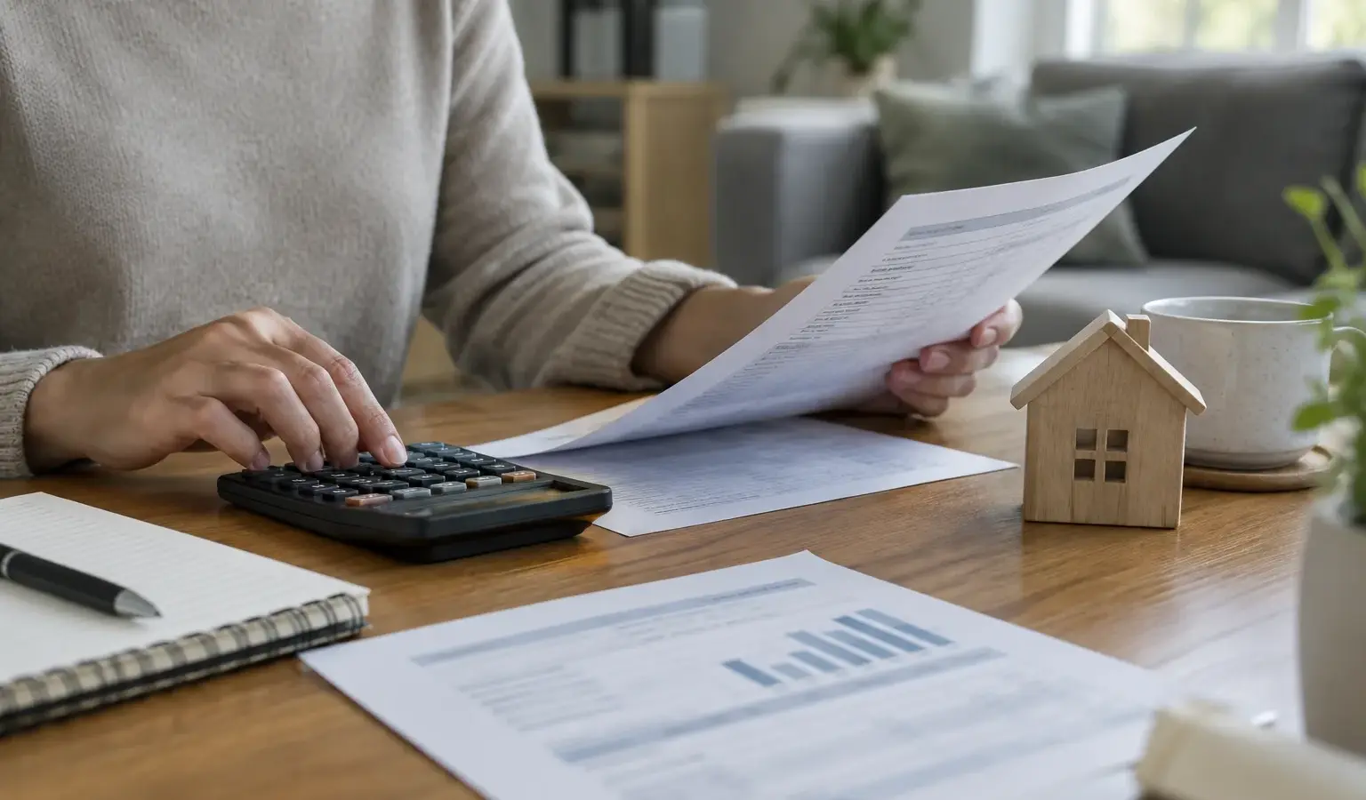 Des mains examinent un budget de crédit immobilier avec une calculatrice et des documents sur une table.