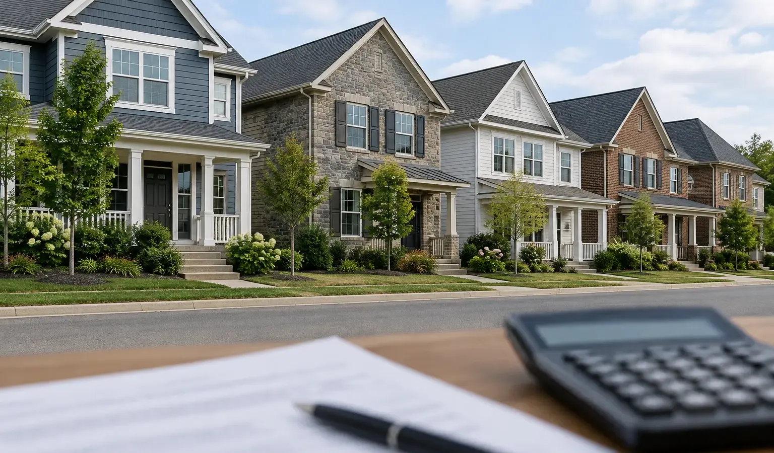 Maisons d’un quartier résidentiel, avec un document de financement et une calculatrice au premier plan.