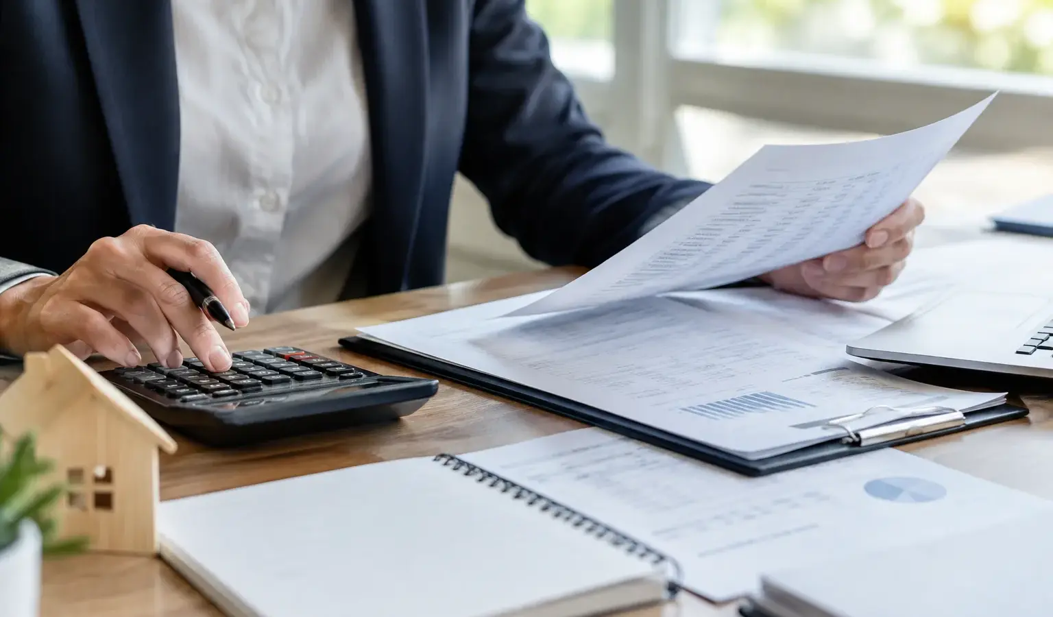 Des mains examinent des documents de prêt immobilier et un budget à l’aide d’une calculatrice.