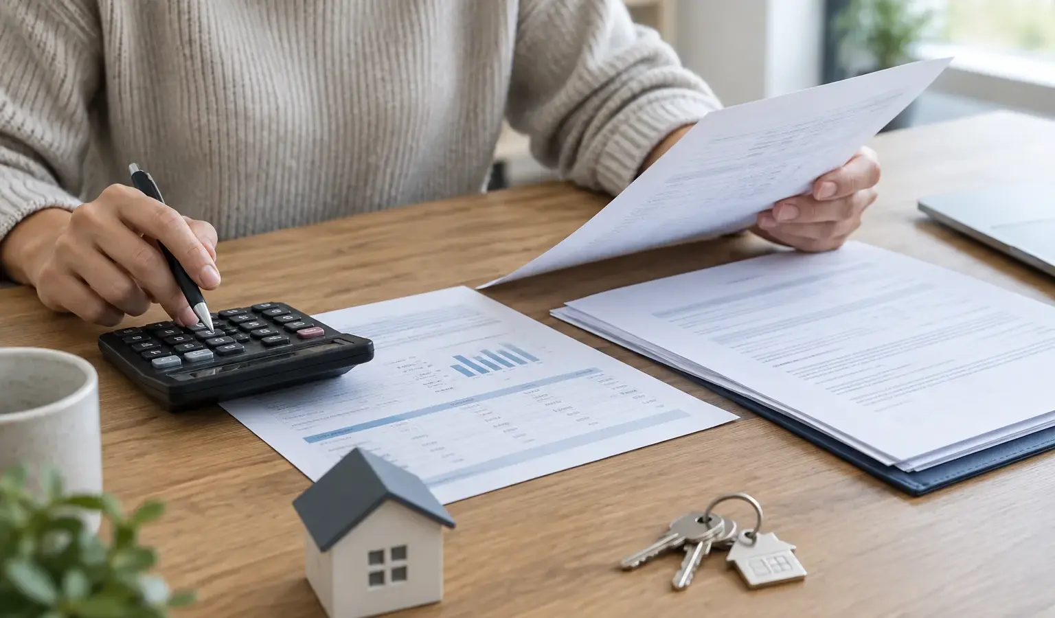 Des mains examinent un budget d’achat immobilier à côté d’une calculatrice et de clés.