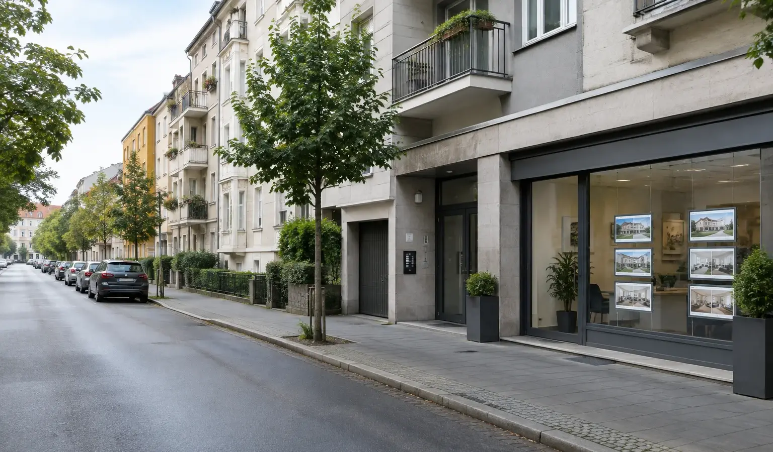 Façades d’immeubles résidentiels dans une rue calme, avec une agence immobilière en arrière-plan.