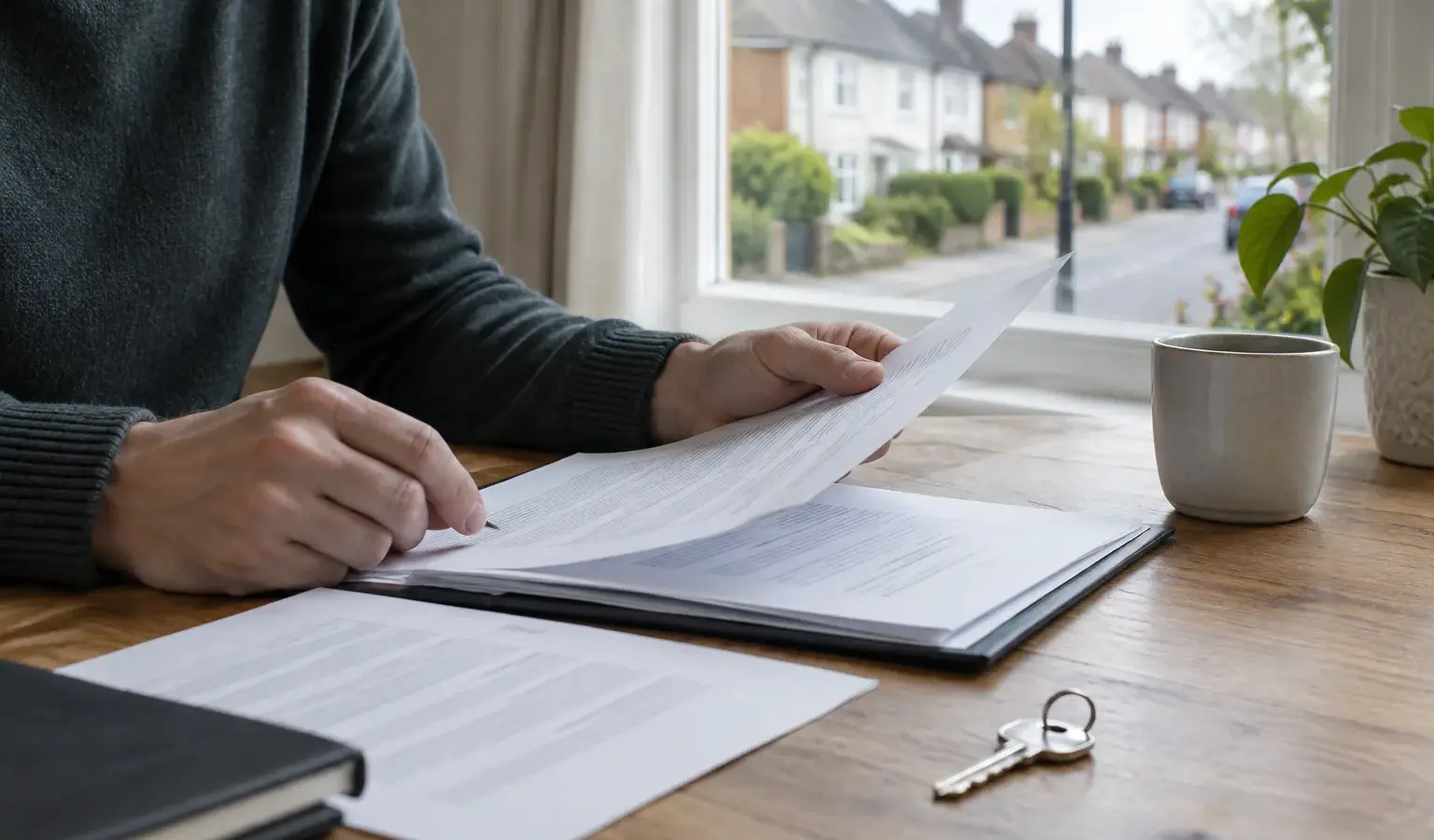 Des documents de financement immobilier et une clé posés sur une table devant une rue résidentielle.