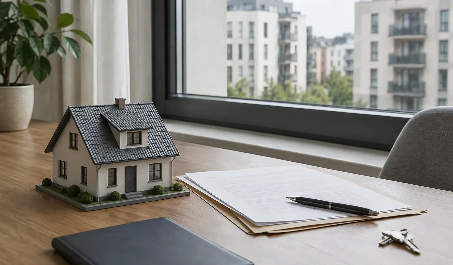 Documents de financement et maquette de logement devant des immeubles résidentiels.
