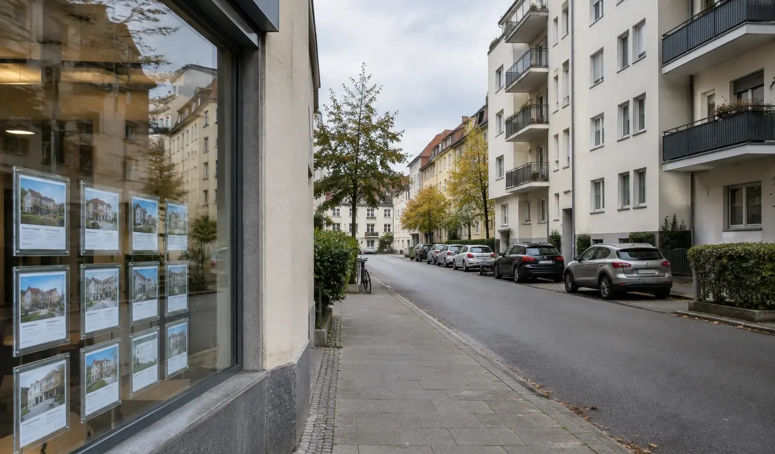 Façades d’immeubles résidentiels dans une rue calme, évoquant le marché du logement.