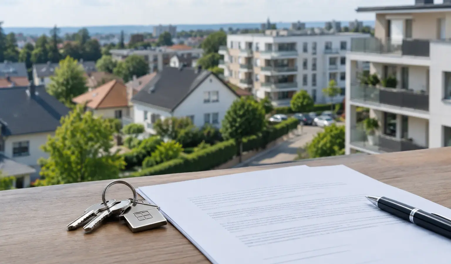 Clés de logement et document de financement devant un quartier résidentiel.