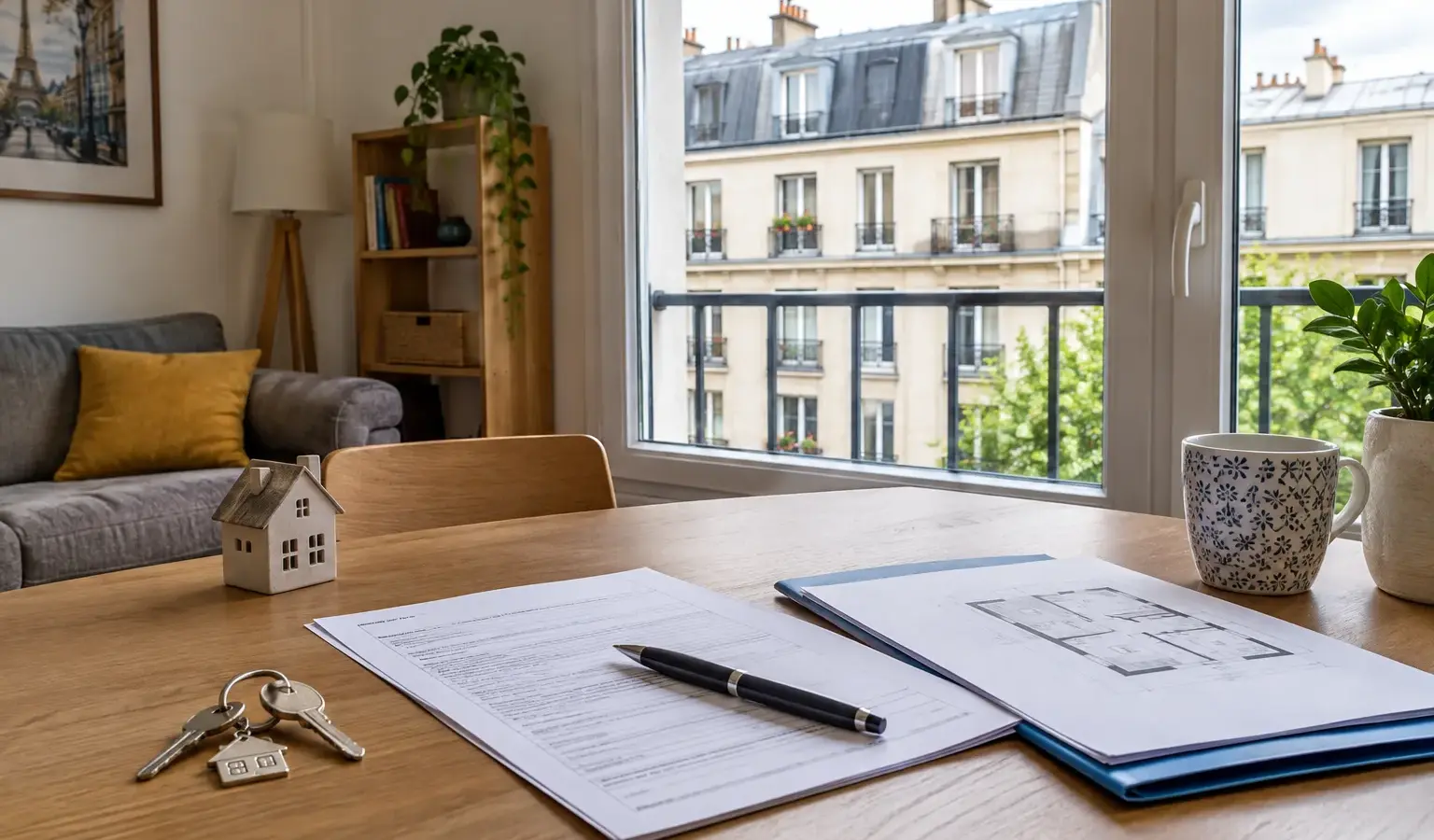 Documents de financement immobilier posés près d’une fenêtre donnant sur un immeuble résidentiel.