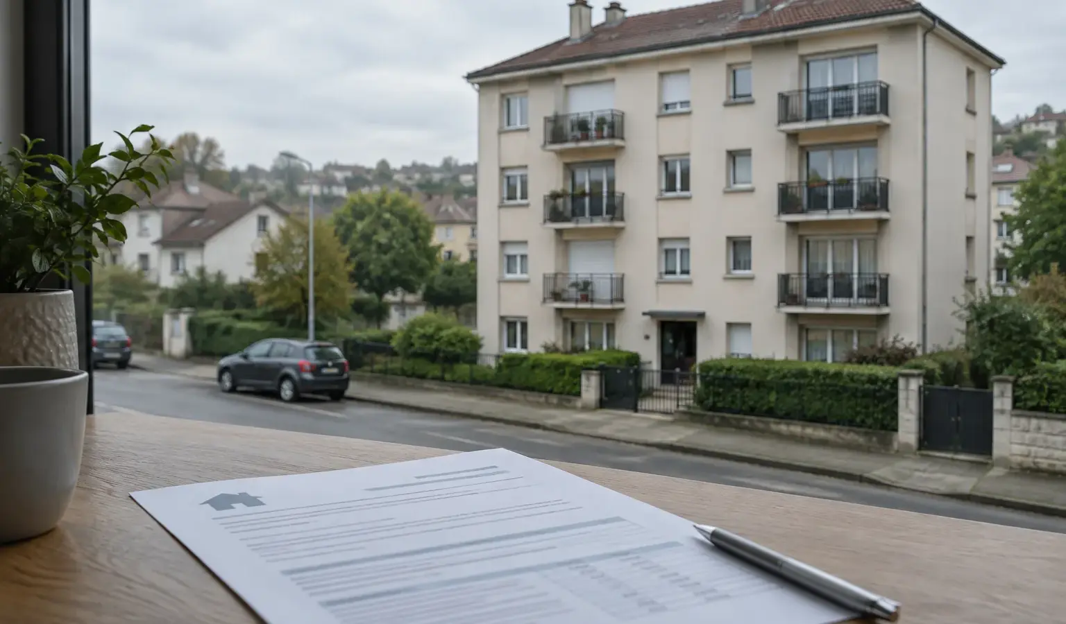 Immeuble résidentiel en ville, aperçu derrière un document de financement immobilier.