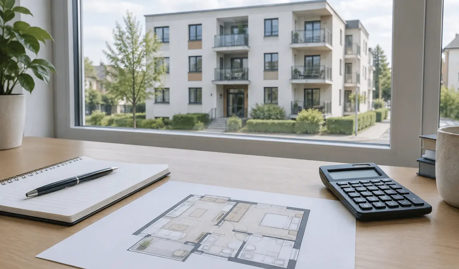 Un plan de logement et une calculatrice posés devant un immeuble résidentiel.