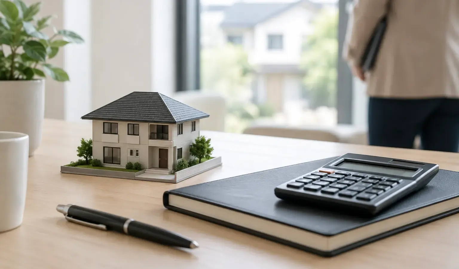 Maquette de maison et calculatrice posées sur un bureau, évoquant le financement immobilier.