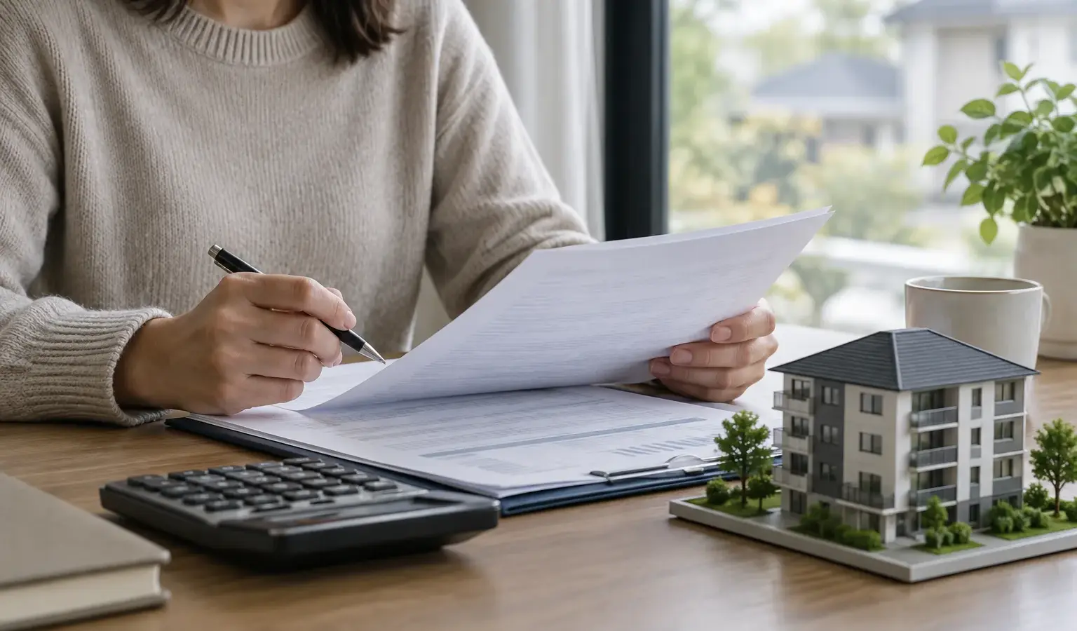 Documents de financement immobilier et calculatrice posés près d’une maquette de logement.