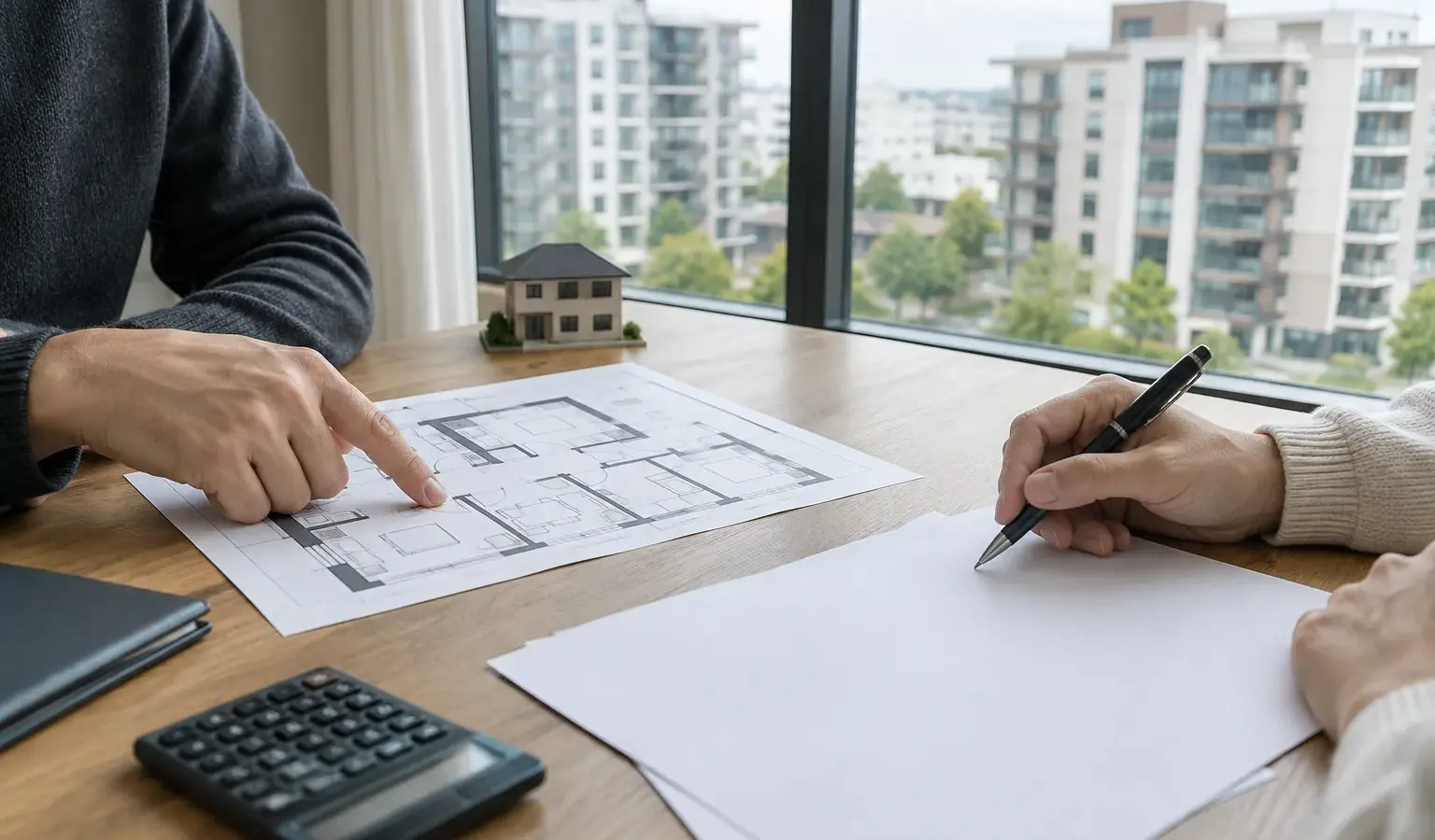 Des documents de financement et un plan de logement consultés devant des immeubles résidentiels.