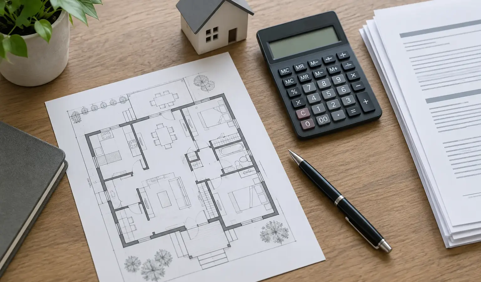 Plan de logement, calculatrice et documents de financement posés sur un bureau.