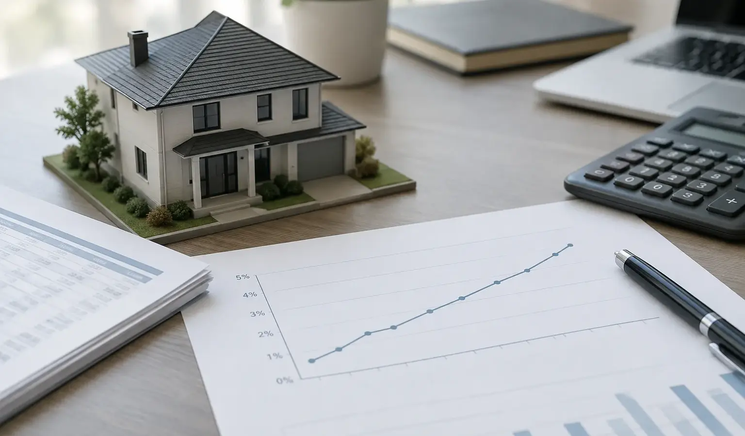 Maquette de logement et documents financiers posés sur un bureau d’analyse.