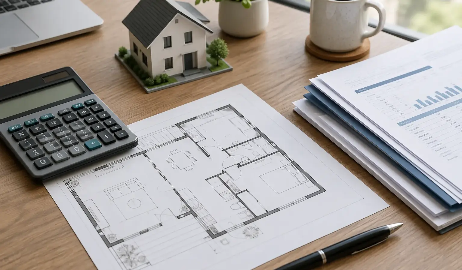 Un plan de logement, une calculatrice et des documents de financement réunis sur un bureau.