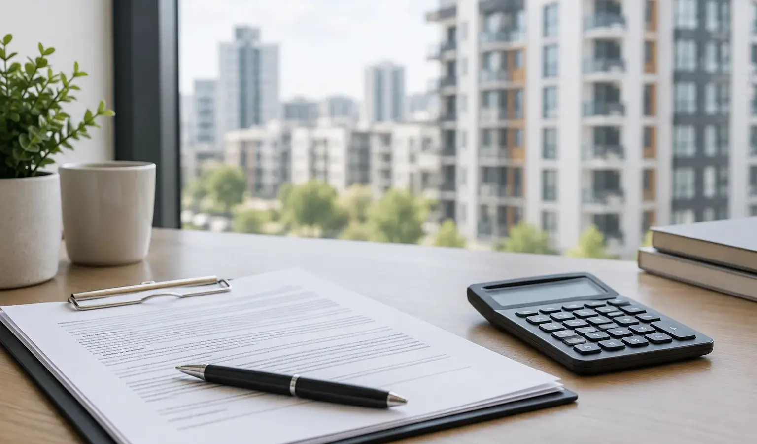Document de crédit et calculatrice posés sur un bureau, avec des immeubles résidentiels visibles en arrière-plan.