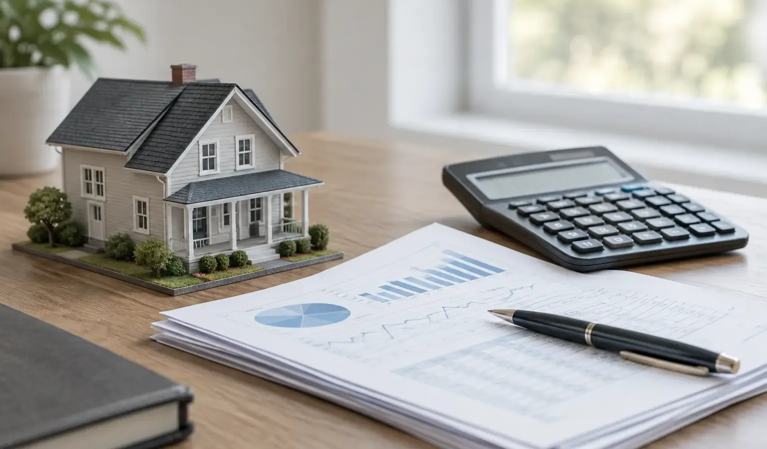 Documents de financement et maquette de logement posés sur un bureau.