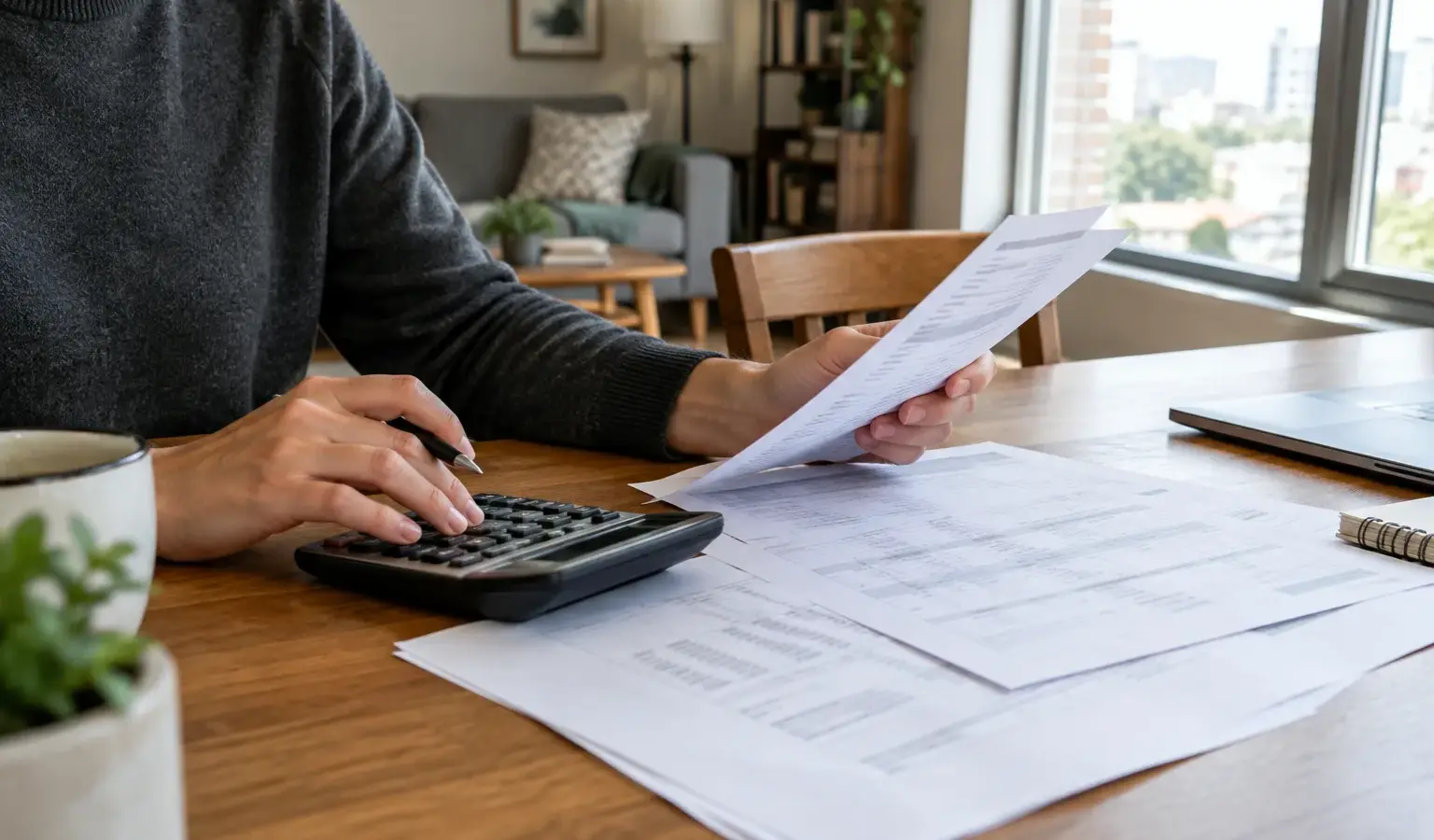 Des documents de financement et une calculatrice consultés dans un appartement lumineux.