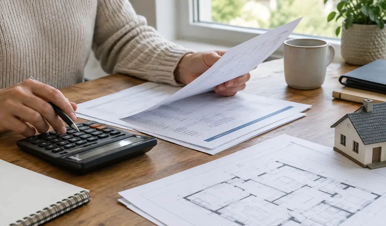 Documents de financement immobilier et calculatrice posés sur une table près de plans de logement.