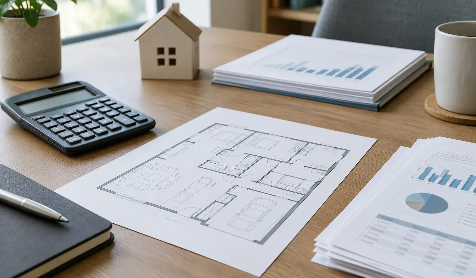 Calculatrice et documents de financement posés sur un plan de logement.
