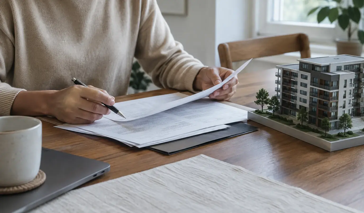 Des documents de financement immobilier consultés à côté d’une maquette d’immeuble.